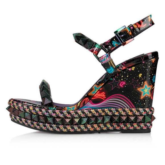 Christian Louboutin Pyraclou 110 Black Starlight Platform Wedge Sandal Heel 36 - Picture 3 of 12